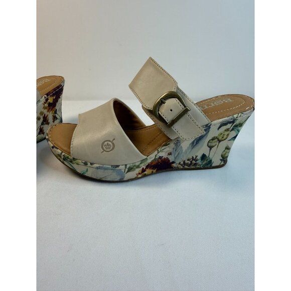 Born Wedge Sandal Womens Size 7M Off White Leather Floral Print Open Toe Shoes - Picture 11 of 12